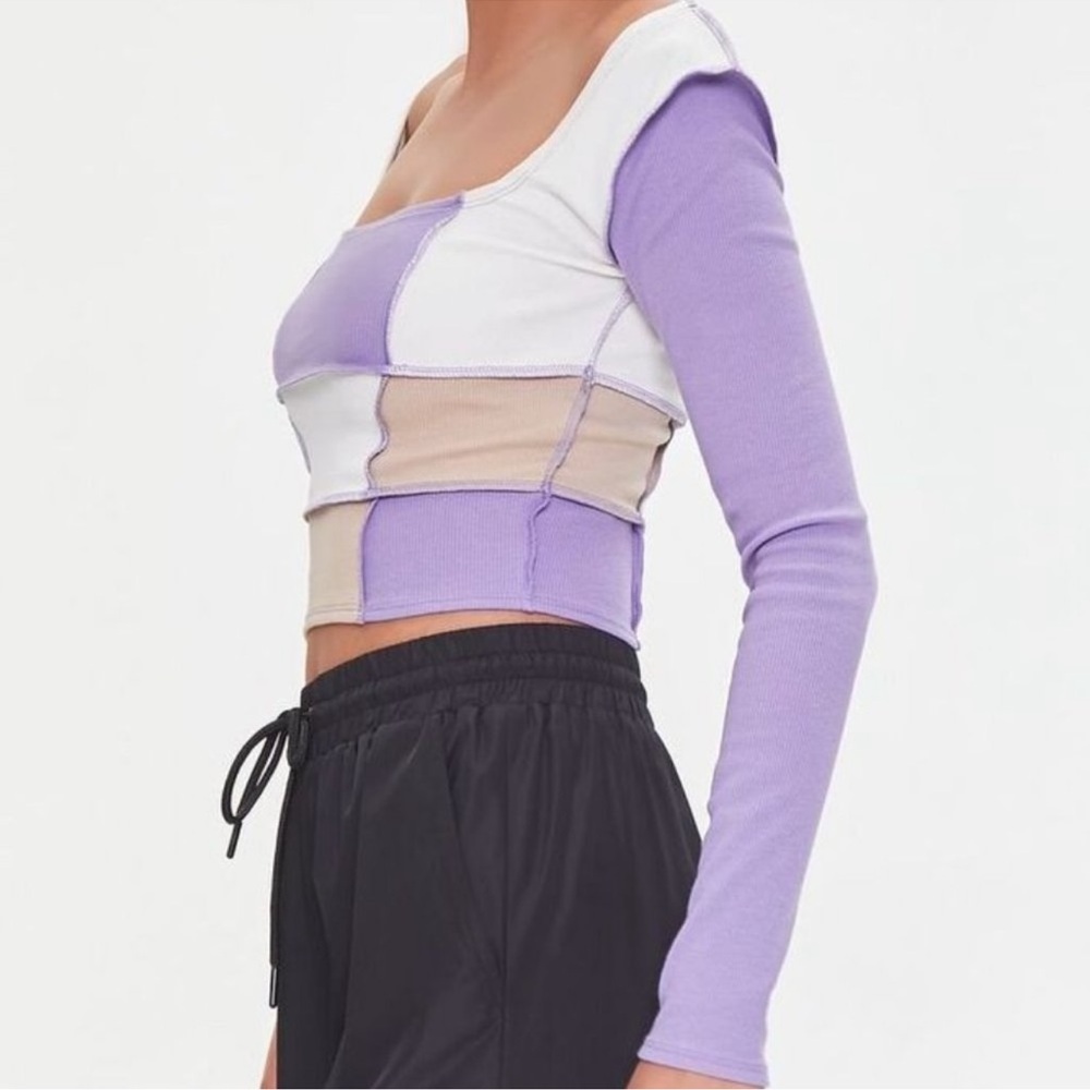 NWT Forever 21 Ribbed Colorblock Long Sleeve Crop Top Small 90s Y2K Square neck - Picture 3 of 8